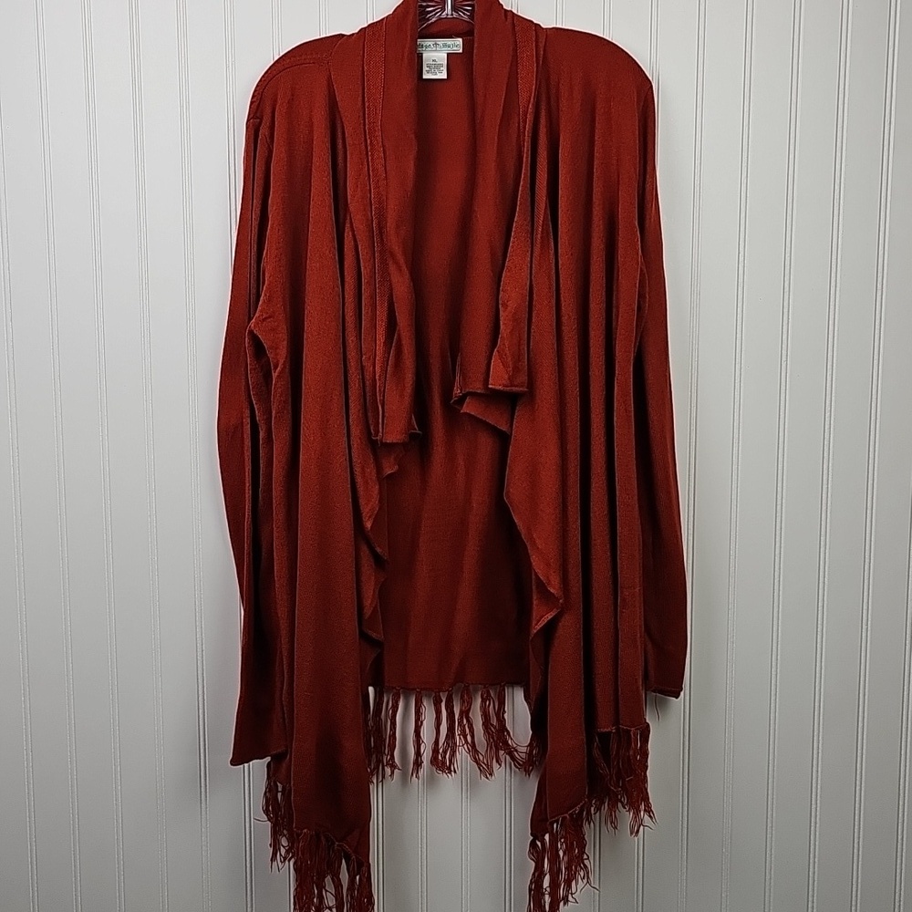Vintage Suzie Burnt Orange Open Front Fringe Cardigan Sweater XL